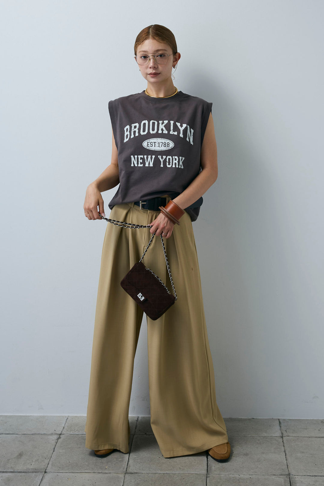 [予約/SET]ピグメントロゴノースリーブスウェット+太ベルト付きワイドパンツ(2set)