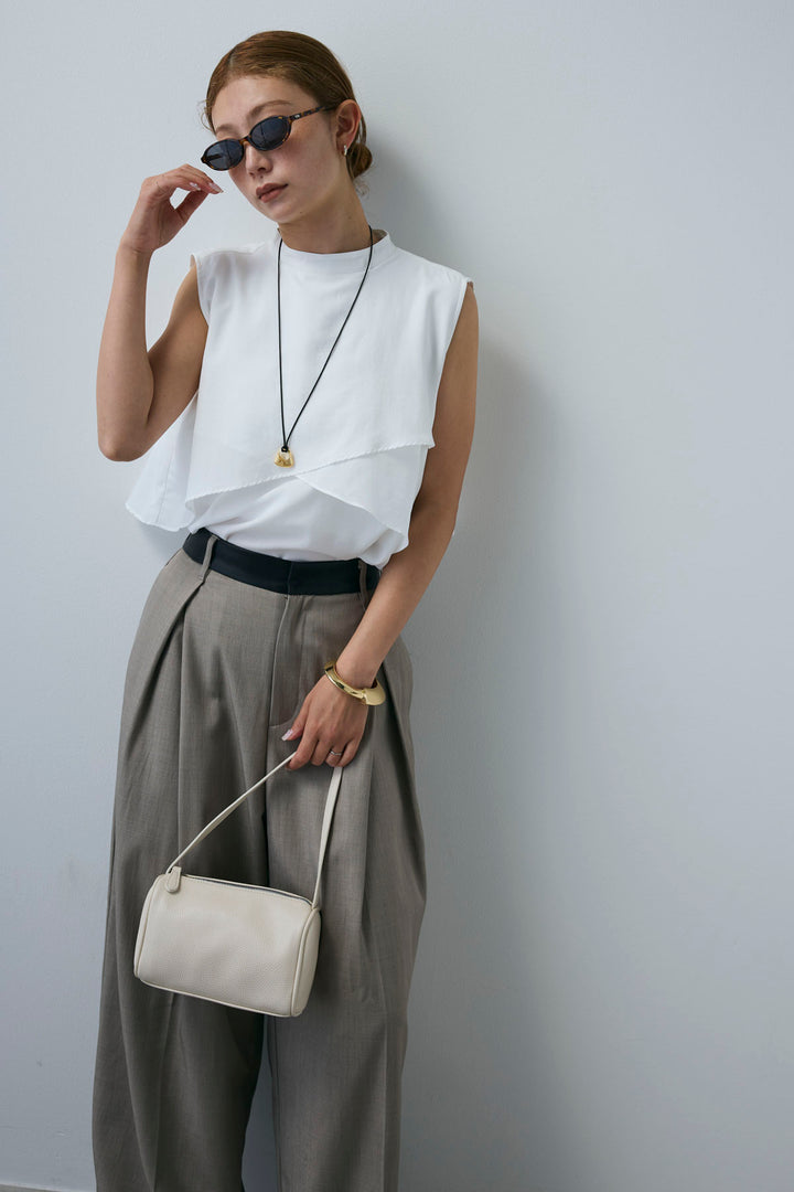 [予約/SET]アシンメトリーフレアーノースリーブブラウス+フェイクレザーベルトセンタータックパンツ(2set)