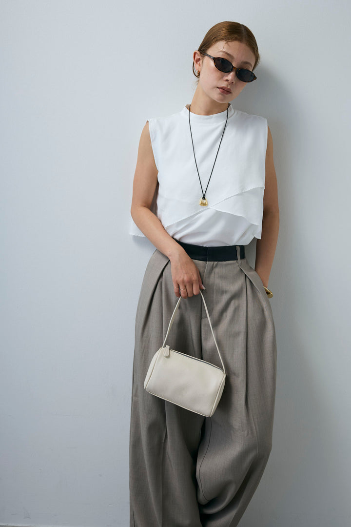 [予約/SET]アシンメトリーフレアーノースリーブブラウス+フェイクレザーベルトセンタータックパンツ(2set)