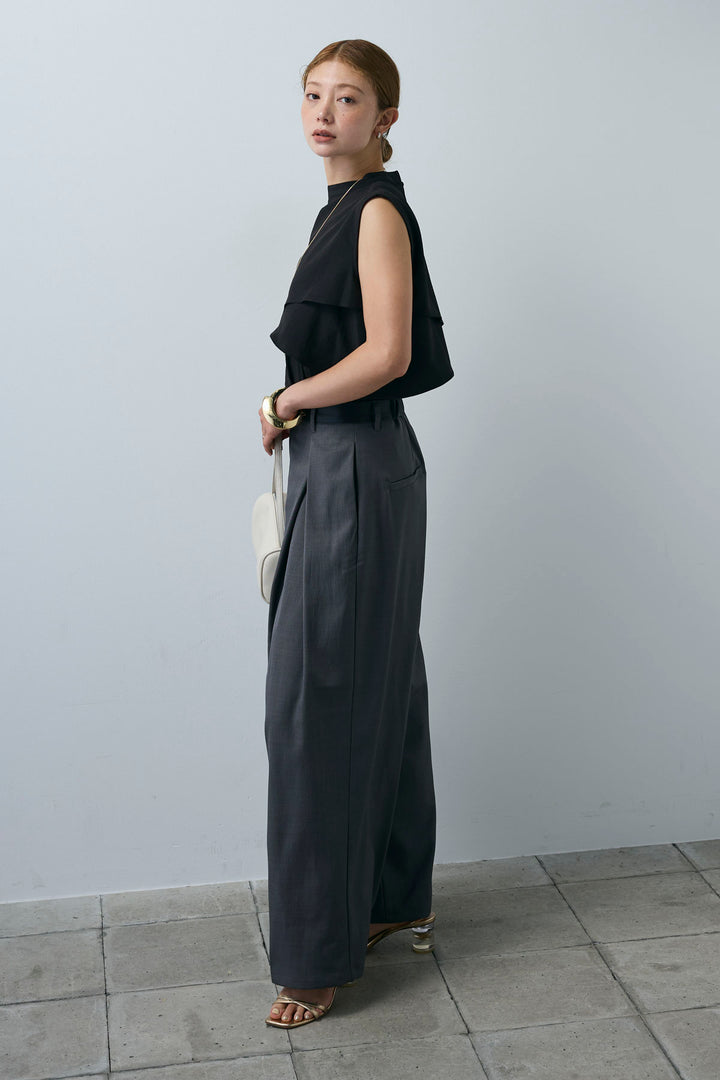 [予約/SET]アシンメトリーフレアーノースリーブブラウス+フェイクレザーベルトセンタータックパンツ(2set)