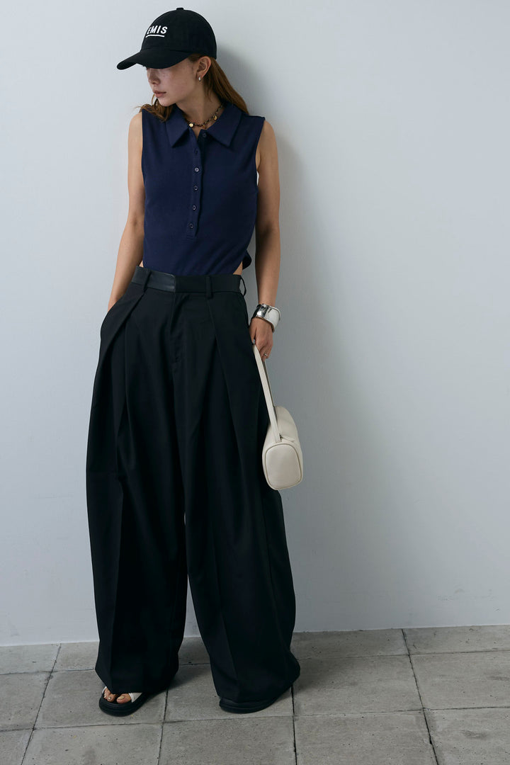 [予約/SET]ポロニットノースリボディースーツ+フェイクレザーベルトセンタータックパンツ(2set)