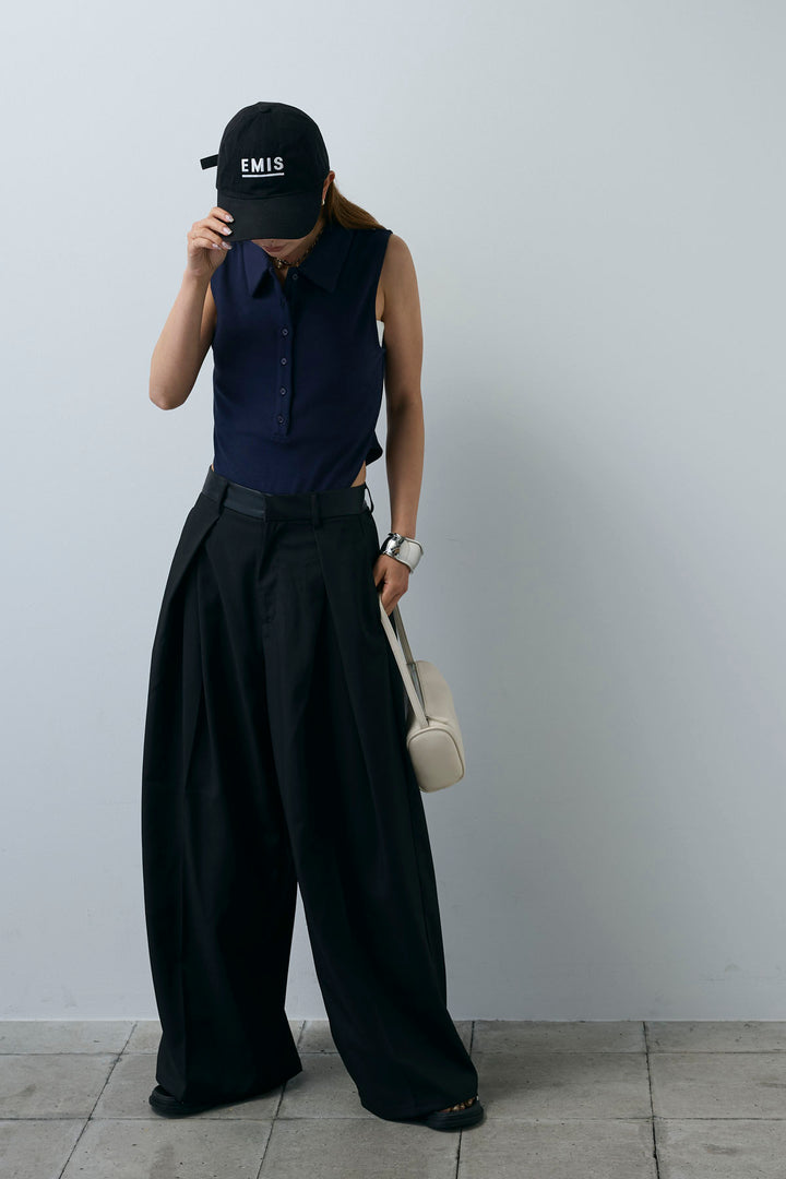 [予約/SET]ポロニットノースリボディースーツ+フェイクレザーベルトセンタータックパンツ(2set)