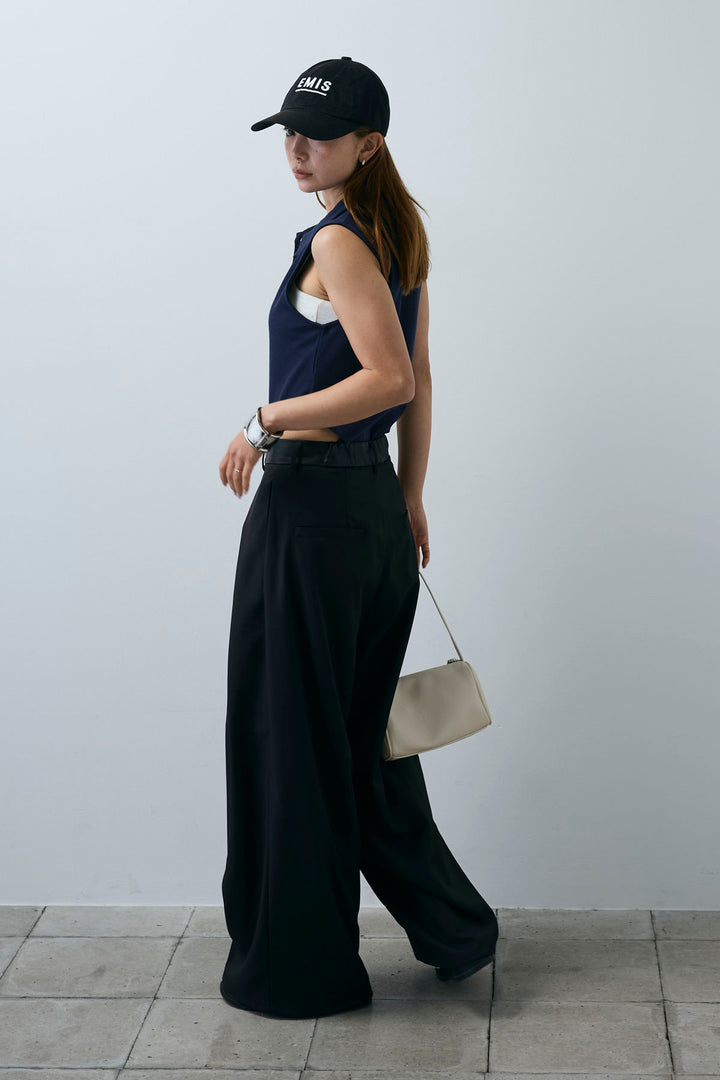 [予約/SET]ポロニットノースリボディースーツ+フェイクレザーベルトセンタータックパンツ(2set)