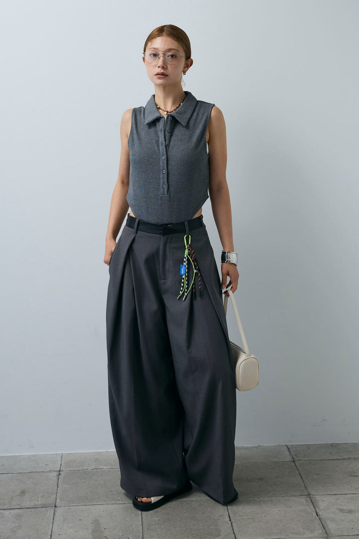 [予約/SET]ポロニットノースリボディースーツ+フェイクレザーベルトセンタータックパンツ(2set)