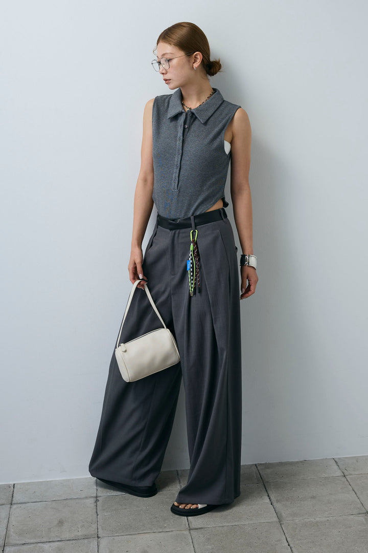 [予約/SET]ポロニットノースリボディースーツ+フェイクレザーベルトセンタータックパンツ(2set)