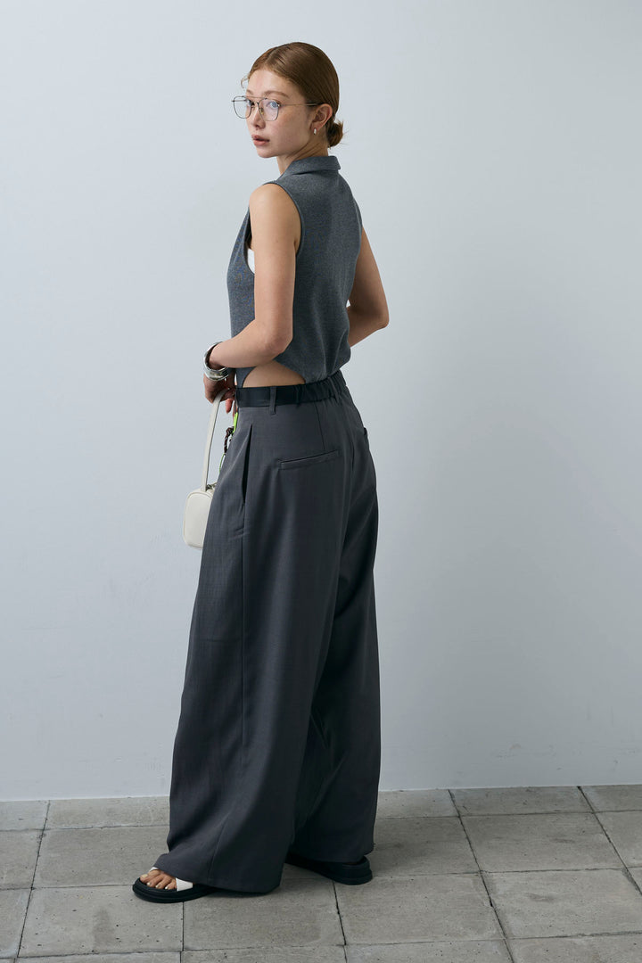 [予約/SET]ポロニットノースリボディースーツ+フェイクレザーベルトセンタータックパンツ(2set)