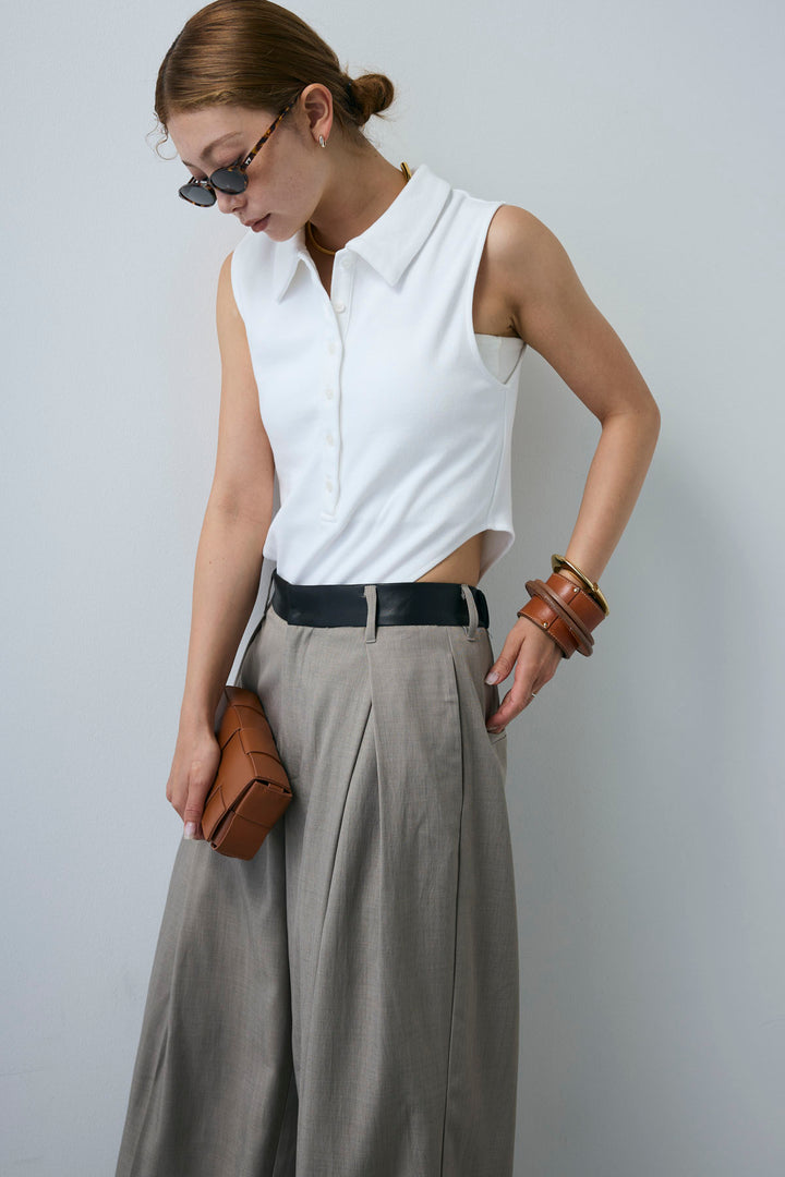 [予約/SET]ポロニットノースリボディースーツ+フェイクレザーベルトセンタータックパンツ(2set)