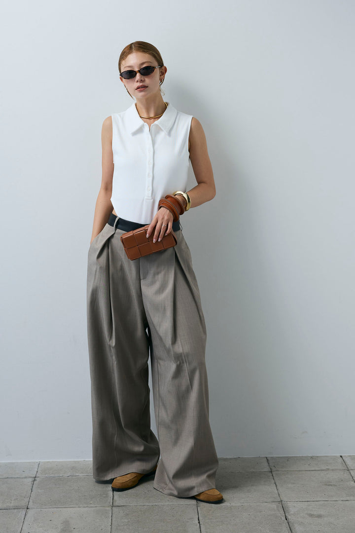 [予約/SET]ポロニットノースリボディースーツ+フェイクレザーベルトセンタータックパンツ(2set)