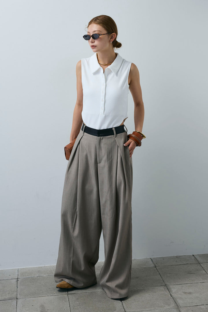 [予約/SET]ポロニットノースリボディースーツ+フェイクレザーベルトセンタータックパンツ(2set)