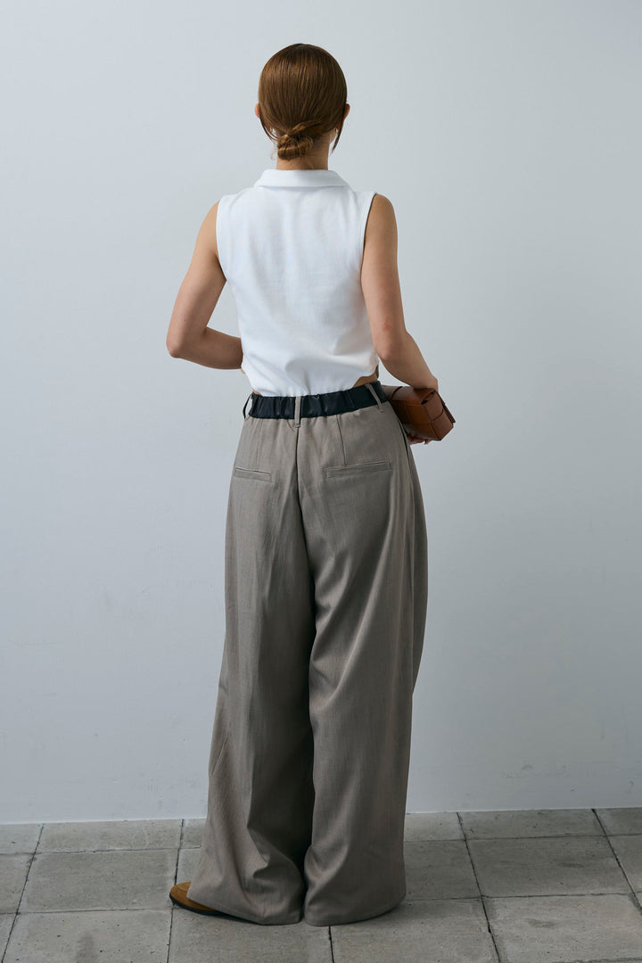 [予約/SET]ポロニットノースリボディースーツ+フェイクレザーベルトセンタータックパンツ(2set)