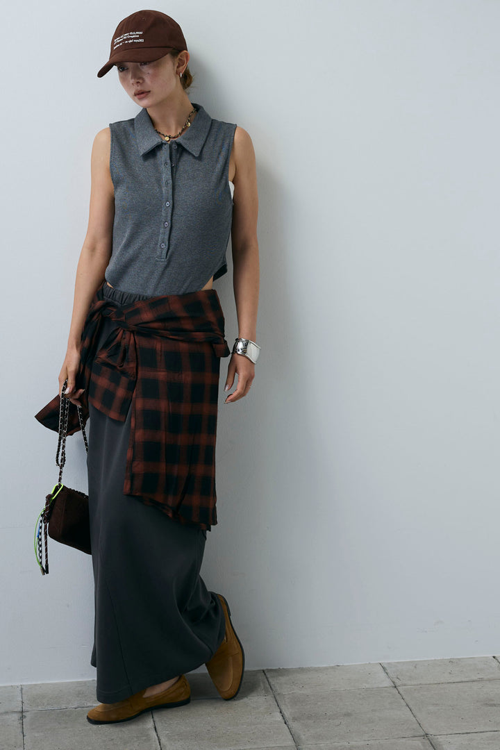 [予約/SET]ポロニットノースリボディースーツ+切り替えライン裏毛スカート(2set)