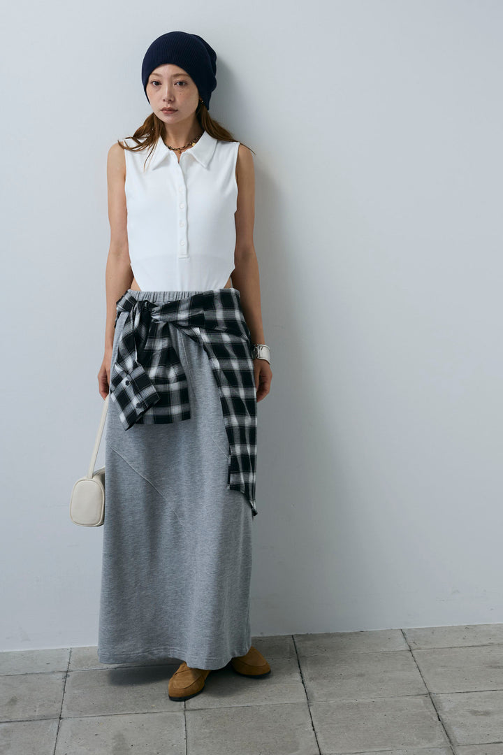 [予約/SET]ポロニットノースリボディースーツ+切り替えライン裏毛スカート(2set)