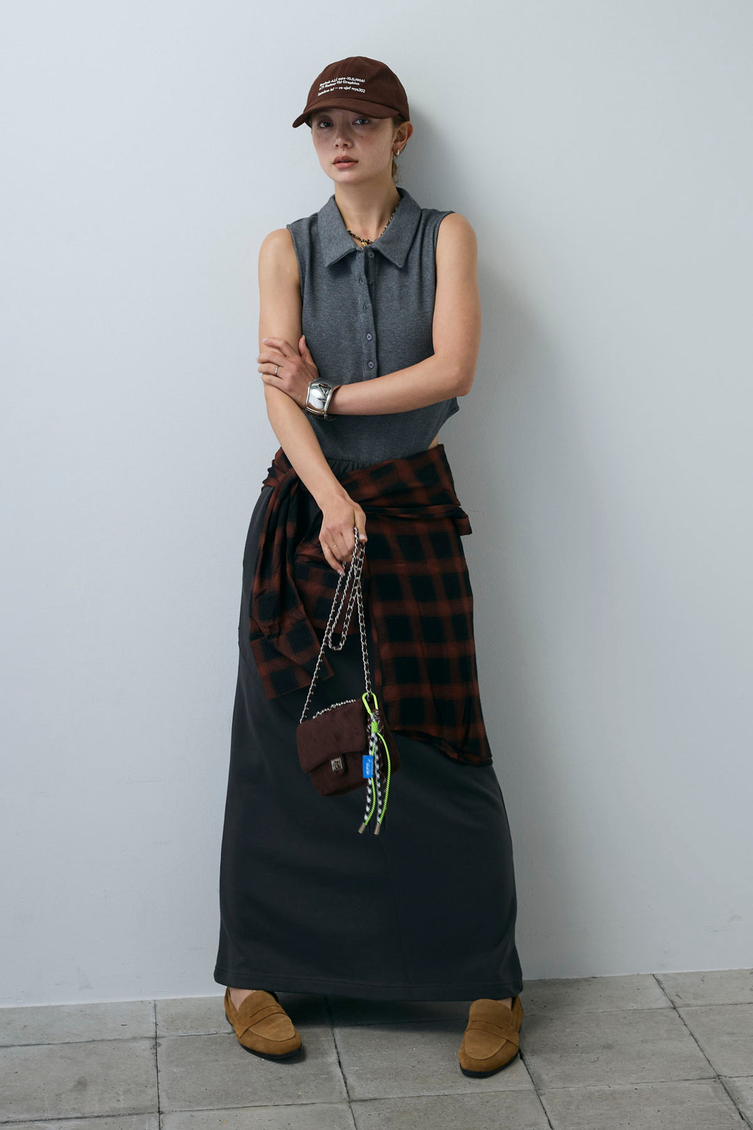 [予約/SET]ポロニットノースリボディースーツ+切り替えライン裏毛スカート(2set)