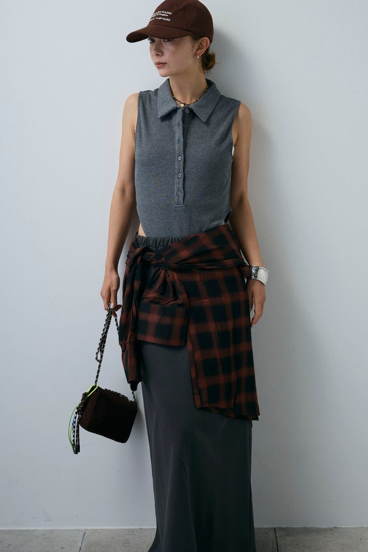 [予約/SET]ポロニットノースリボディースーツ+切り替えライン裏毛スカート(2set)