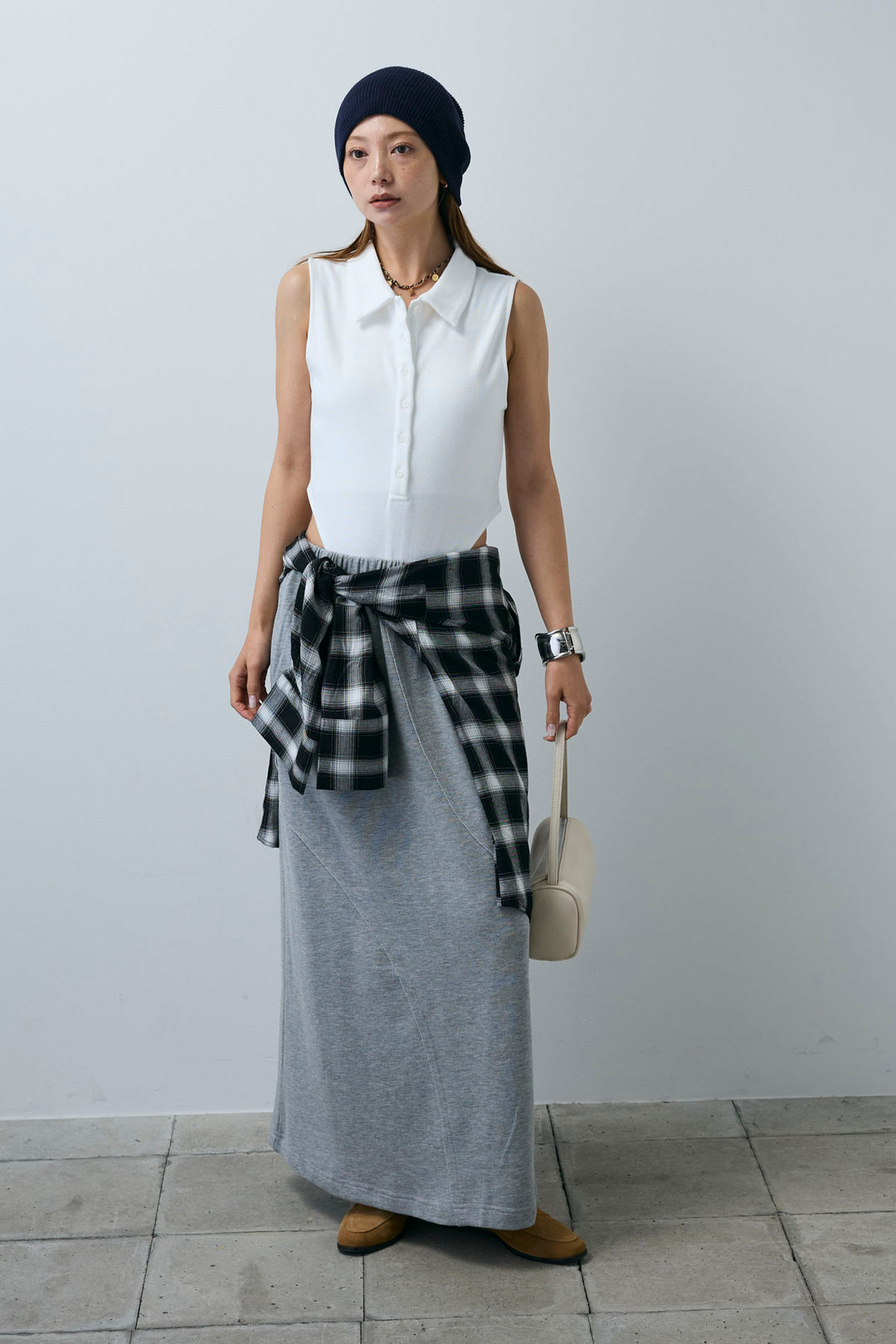 [予約/SET]ポロニットノースリボディースーツ+切り替えライン裏毛スカート(2set)