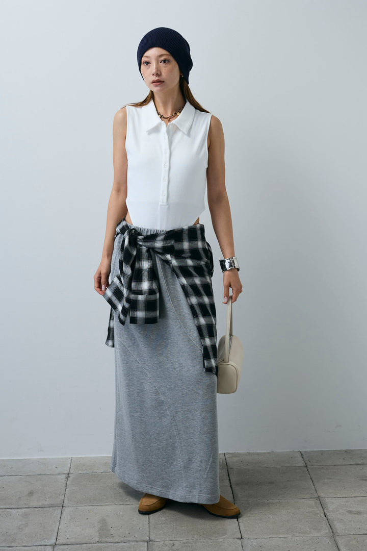 [予約/SET]ポロニットノースリボディースーツ+切り替えライン裏毛スカート(2set)