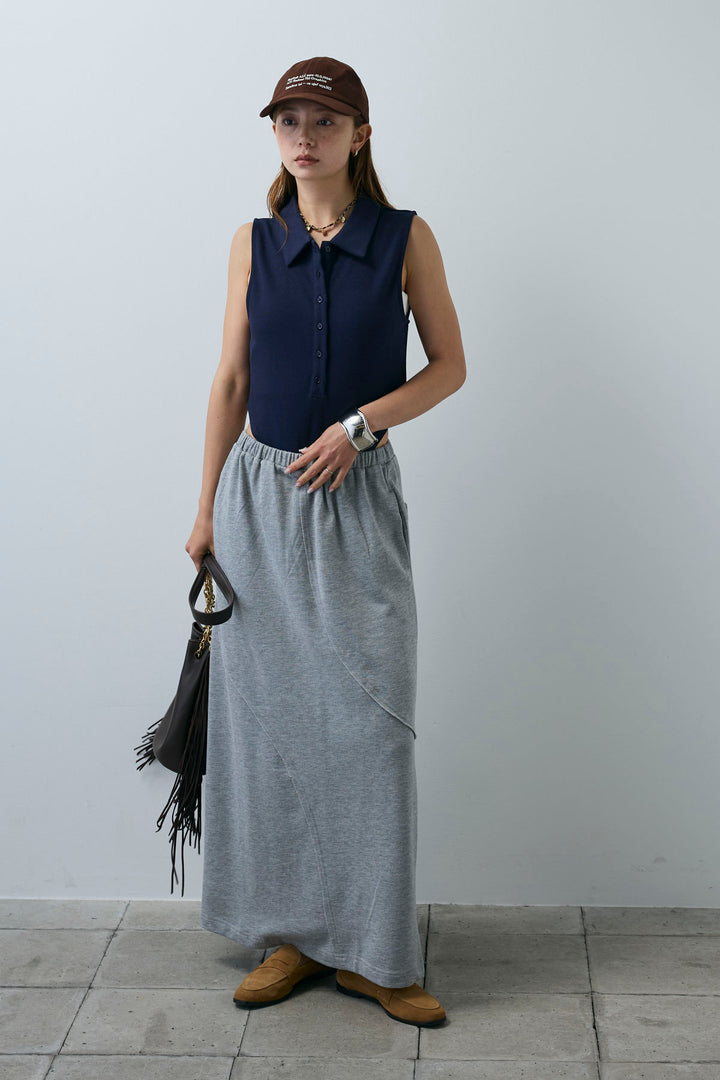 [予約/SET]ポロニットノースリボディースーツ+切り替えライン裏毛スカート(2set)