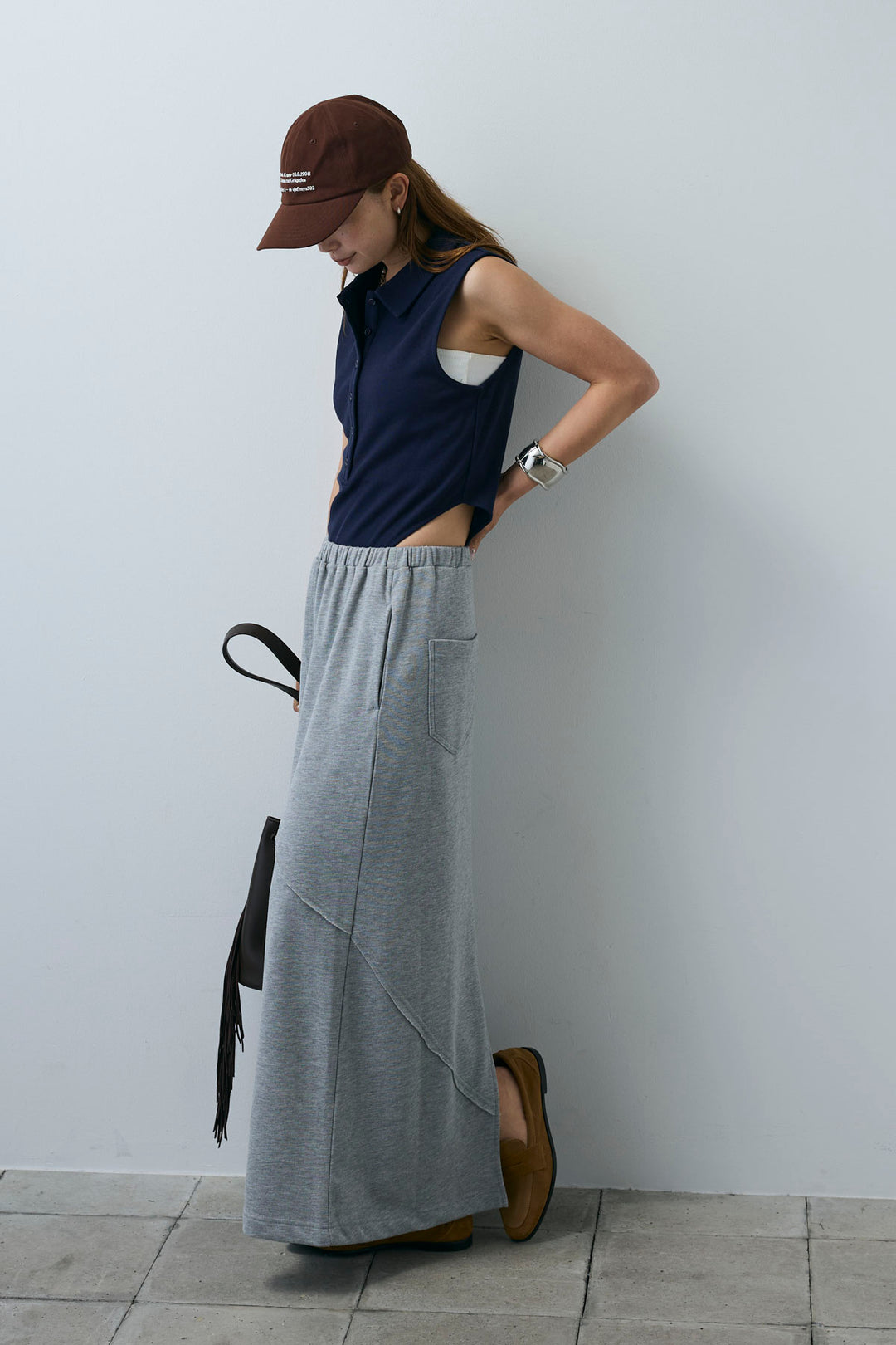 [予約/SET]ポロニットノースリボディースーツ+切り替えライン裏毛スカート(2set)