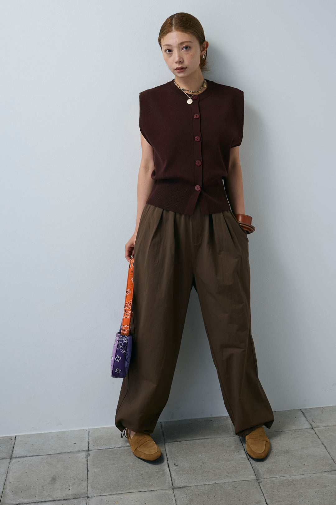 [予約/SET]ボクシーニットベスト+裾ドロストナイロンパンツ(2set)