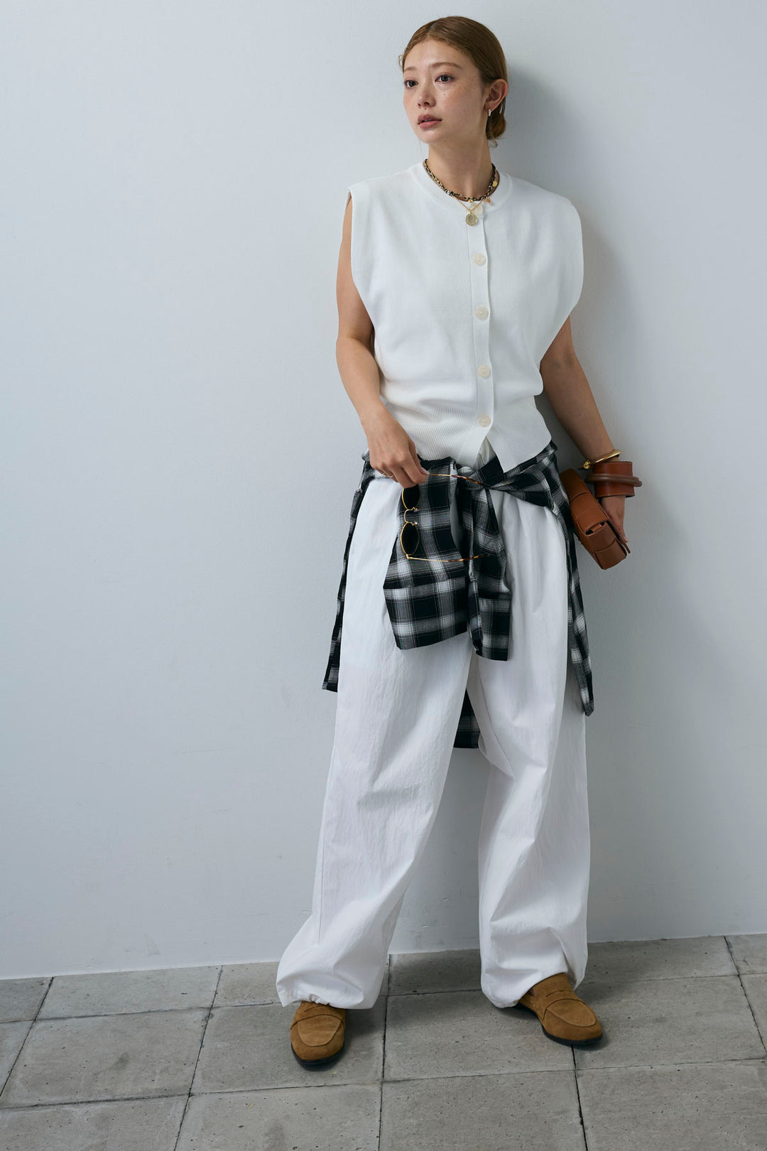 [予約/SET]ボクシーニットベスト+裾ドロストナイロンパンツ(2set)