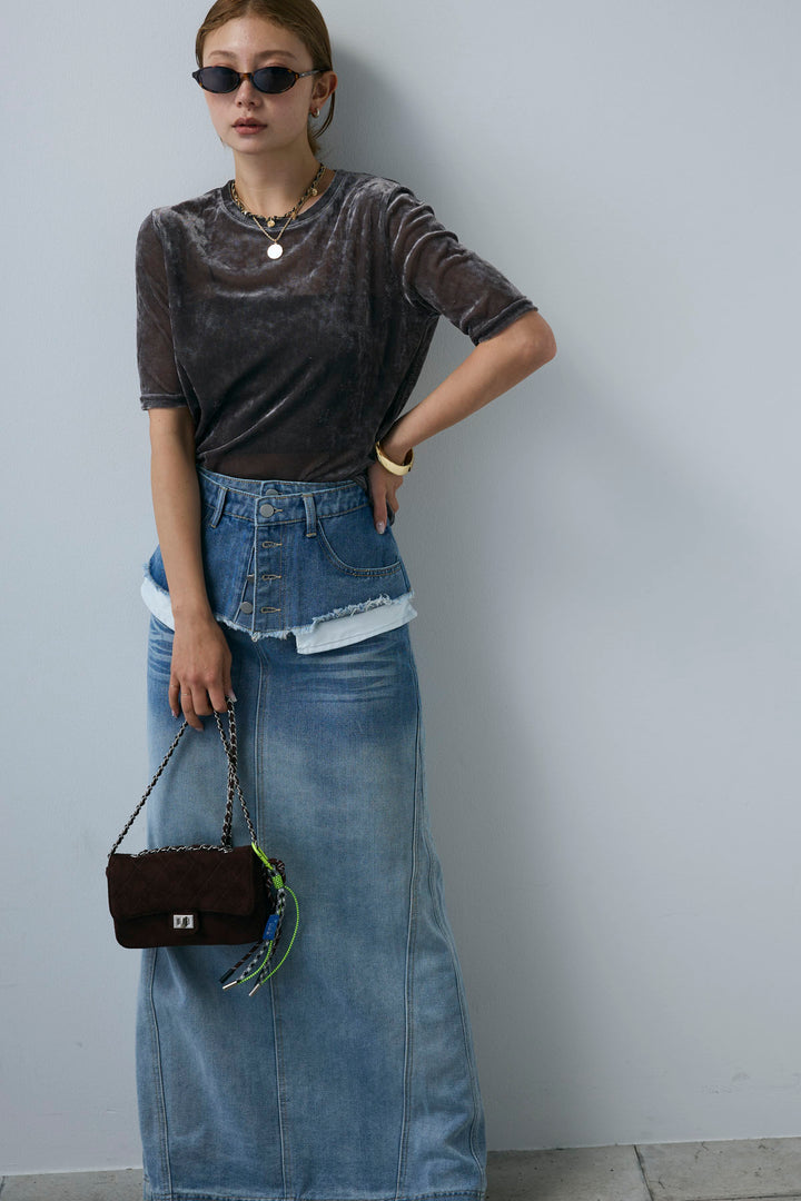 [予約/SET]シアーベロアハーフスリーブTOPS+レイヤードデニムロングスカート(2set)