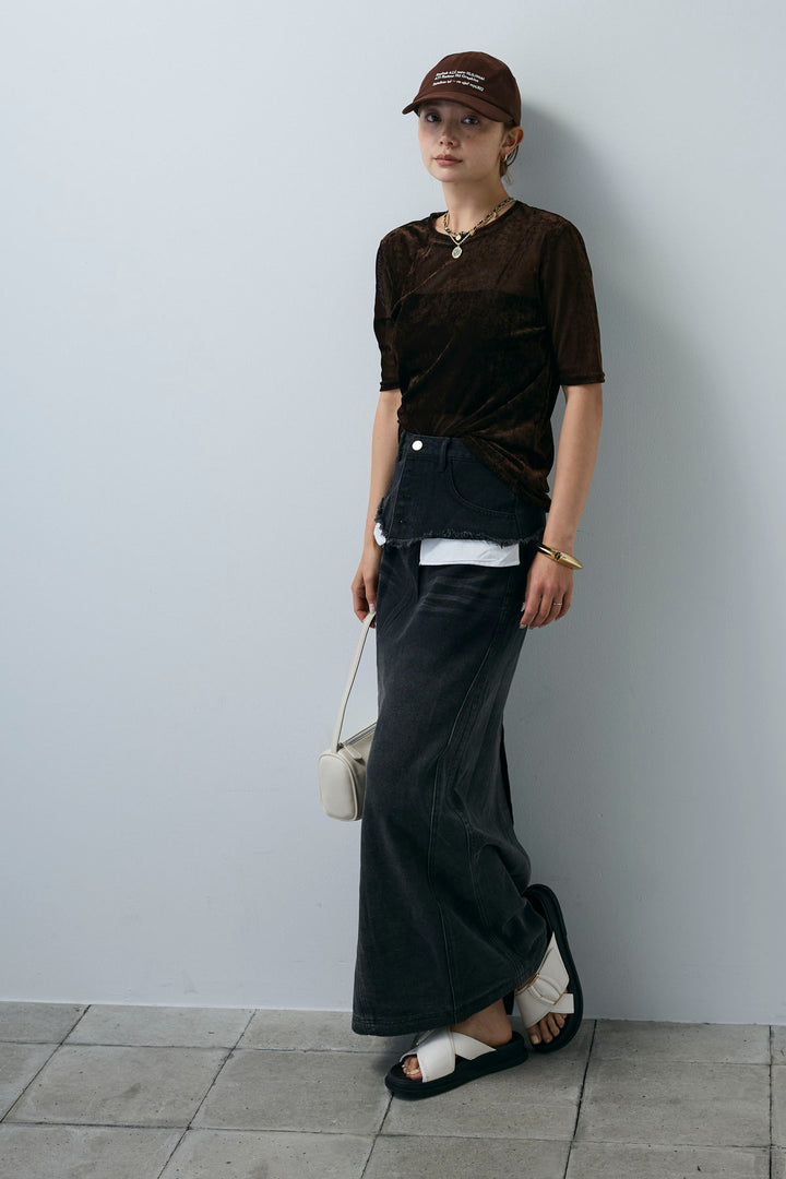 [予約/SET]シアーベロアハーフスリーブTOPS+レイヤードデニムロングスカート(2set)