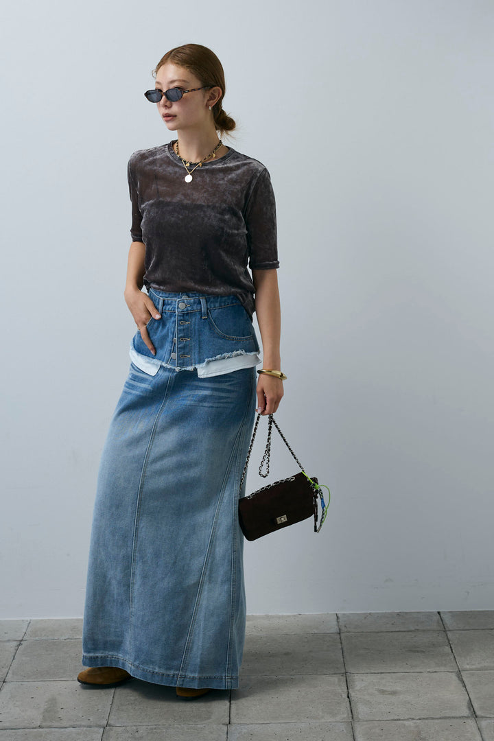 [予約/SET]シアーベロアハーフスリーブTOPS+レイヤードデニムロングスカート(2set)