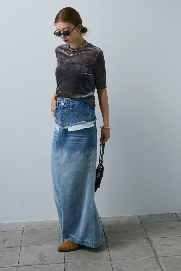 [予約/SET]シアーベロアハーフスリーブTOPS+レイヤードデニムロングスカート(2set)
