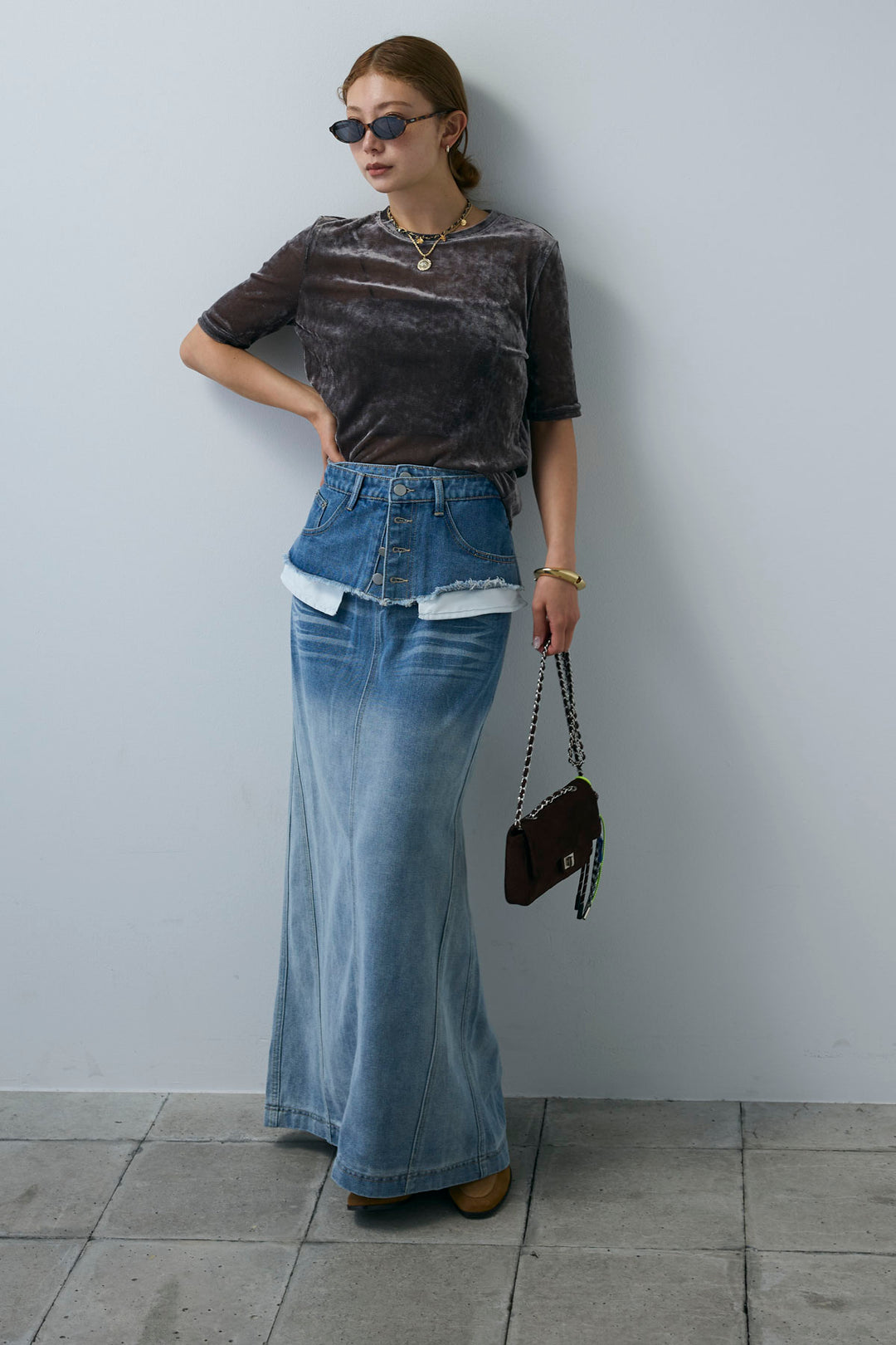 [予約/SET]シアーベロアハーフスリーブTOPS+レイヤードデニムロングスカート(2set)