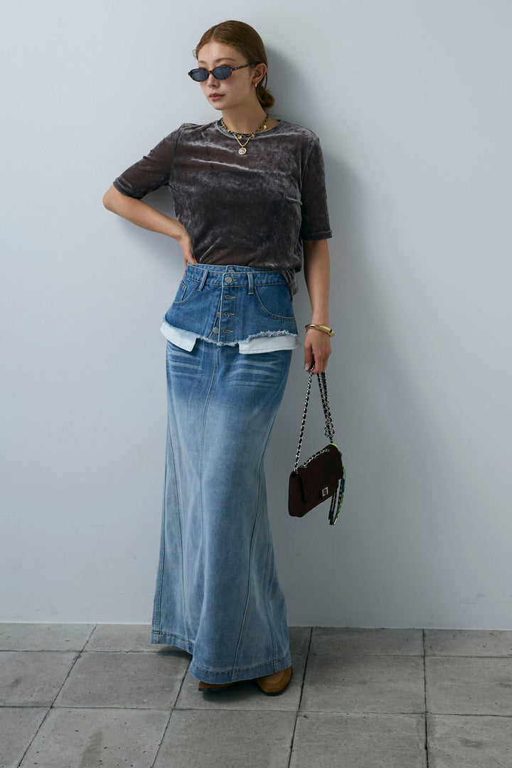 [予約/SET]シアーベロアハーフスリーブTOPS+レイヤードデニムロングスカート(2set)