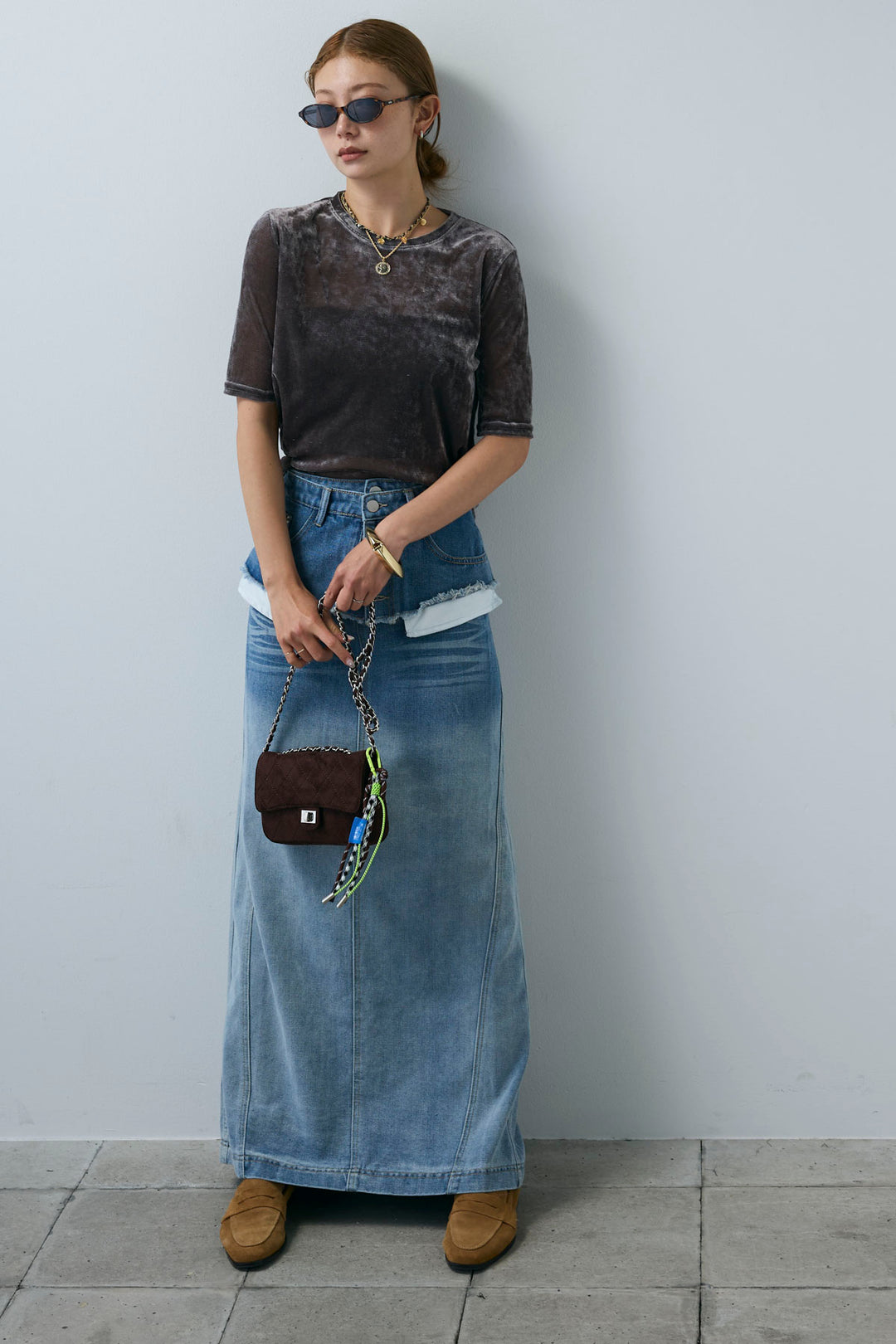 [予約/SET]シアーベロアハーフスリーブTOPS+レイヤードデニムロングスカート(2set)