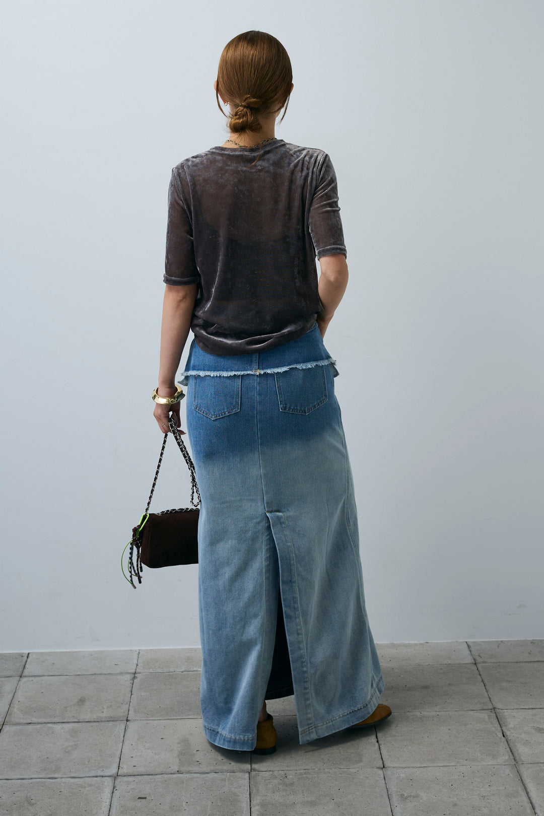 [予約/SET]シアーベロアハーフスリーブTOPS+レイヤードデニムロングスカート(2set)