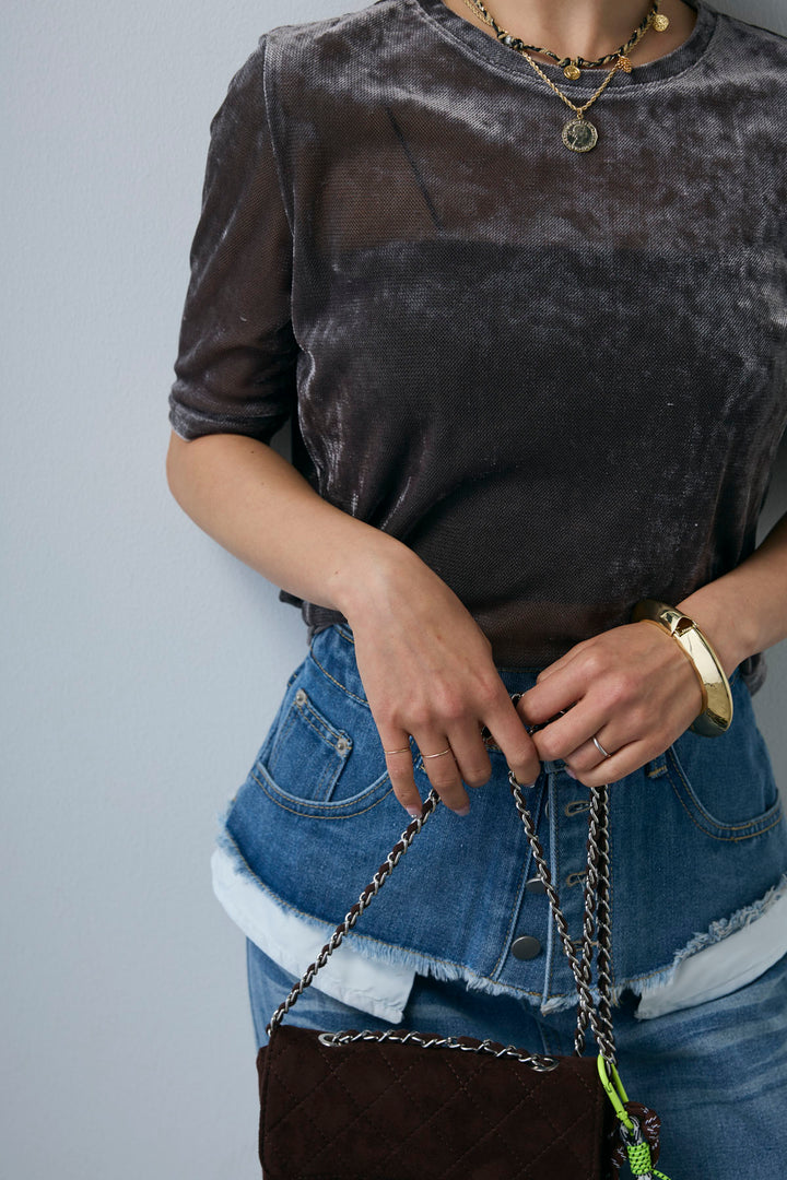 [予約/SET]シアーベロアハーフスリーブTOPS+レイヤードデニムロングスカート(2set)