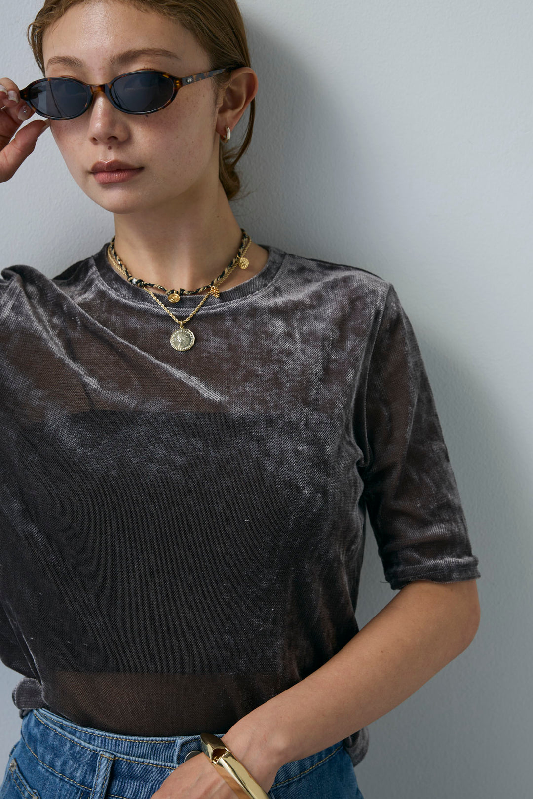 [予約/SET]シアーベロアハーフスリーブTOPS+レイヤードデニムロングスカート(2set)