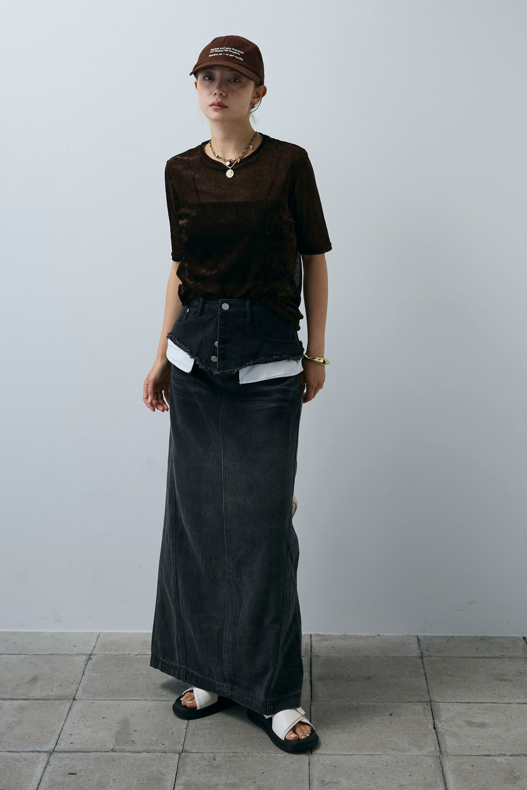 [予約/SET]シアーベロアハーフスリーブTOPS+レイヤードデニムロングスカート(2set)