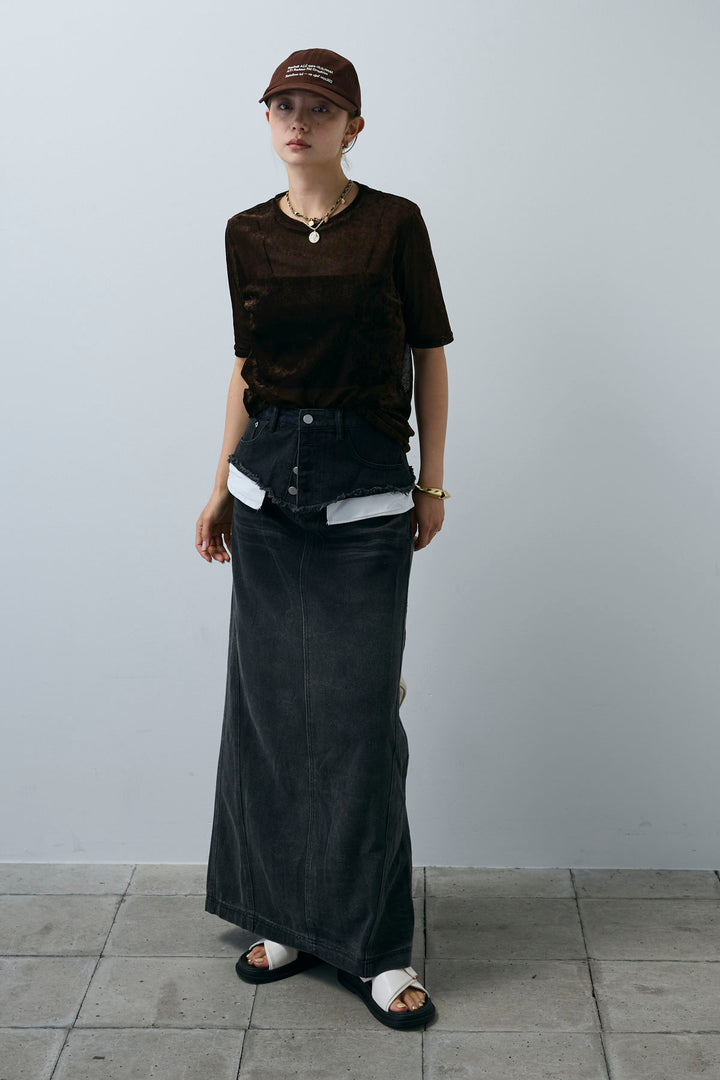 [予約/SET]シアーベロアハーフスリーブTOPS+レイヤードデニムロングスカート(2set)