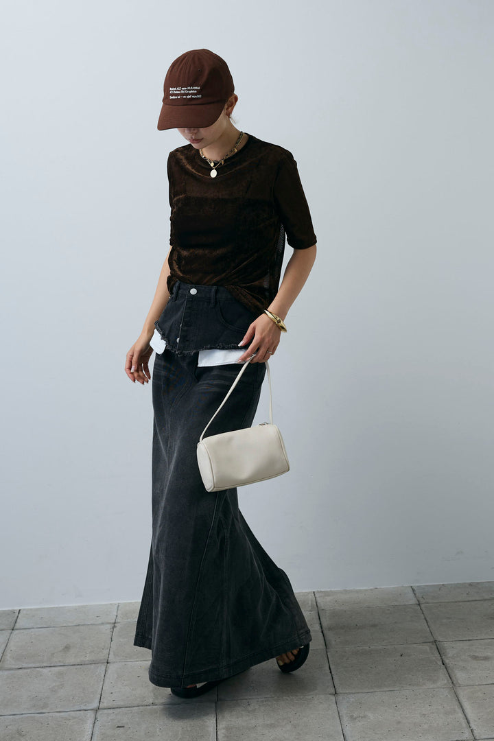 [予約/SET]シアーベロアハーフスリーブTOPS+レイヤードデニムロングスカート(2set)