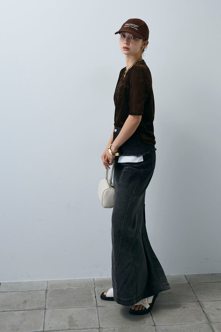 [予約/SET]シアーベロアハーフスリーブTOPS+レイヤードデニムロングスカート(2set)