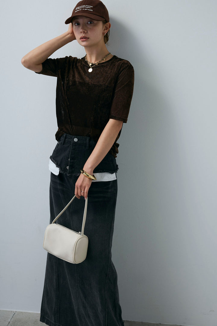 [予約/SET]シアーベロアハーフスリーブTOPS+レイヤードデニムロングスカート(2set)