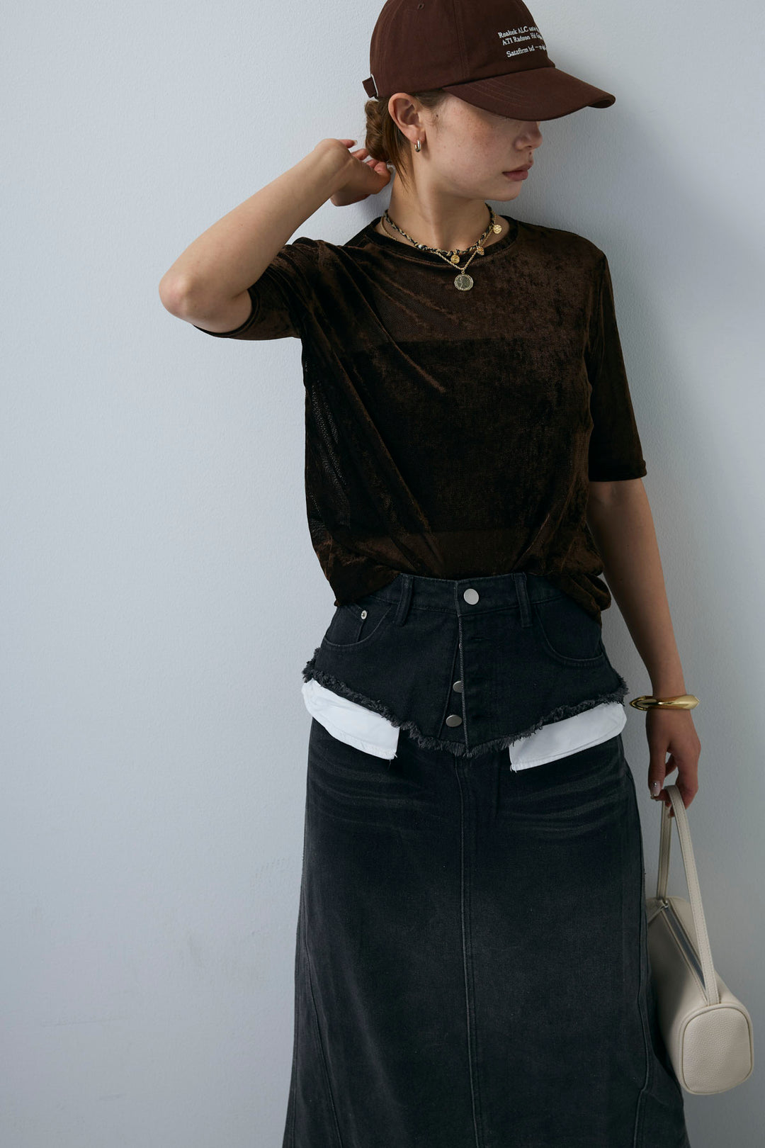 [予約/SET]シアーベロアハーフスリーブTOPS+レイヤードデニムロングスカート(2set)