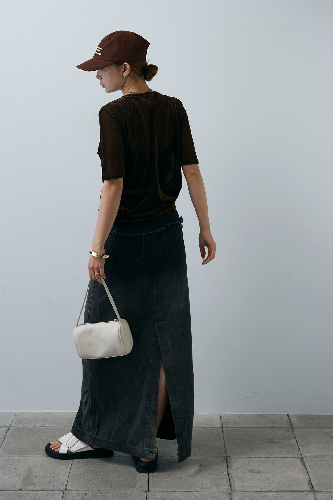 [予約/SET]シアーベロアハーフスリーブTOPS+レイヤードデニムロングスカート(2set)