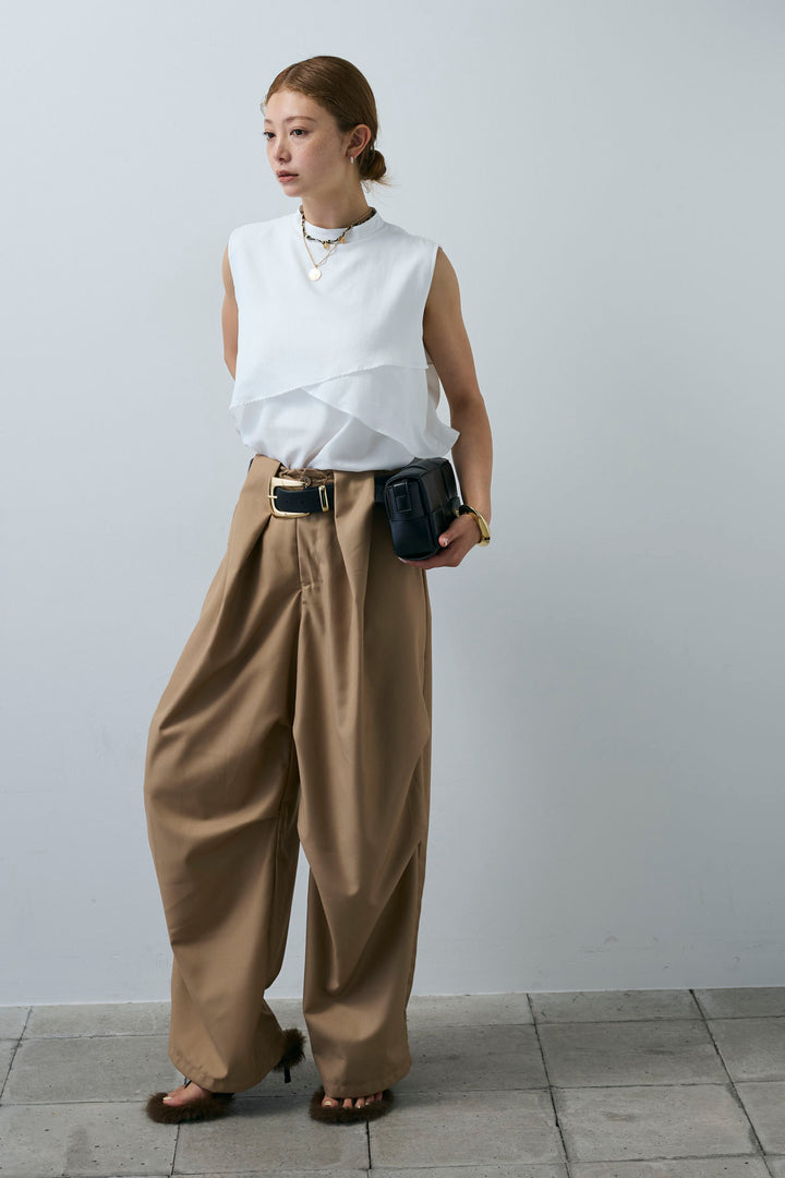 [予約/SET]アシンメトリーフレアーノースリーブブラウス+デザインタックパンツ(2set)