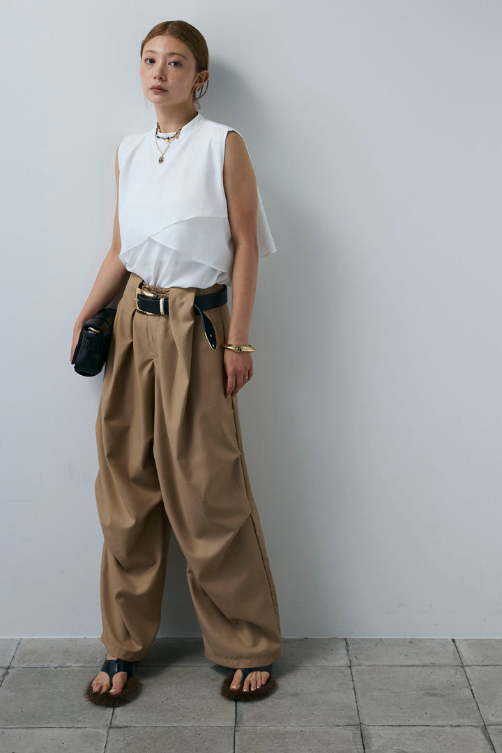 [予約/SET]アシンメトリーフレアーノースリーブブラウス+デザインタックパンツ(2set)