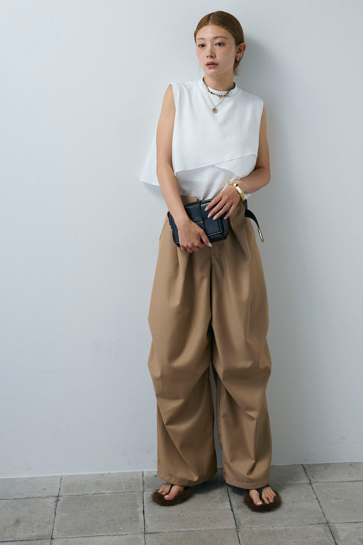 [予約/SET]アシンメトリーフレアーノースリーブブラウス+デザインタックパンツ(2set)