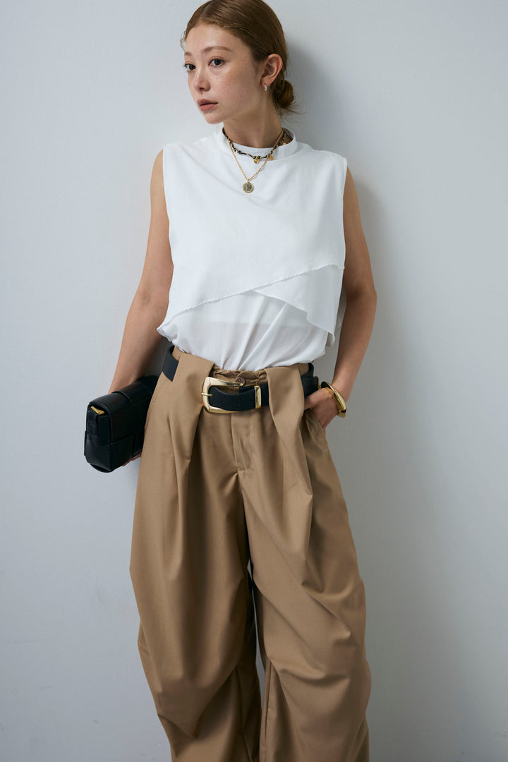 [予約/SET]アシンメトリーフレアーノースリーブブラウス+デザインタックパンツ(2set)
