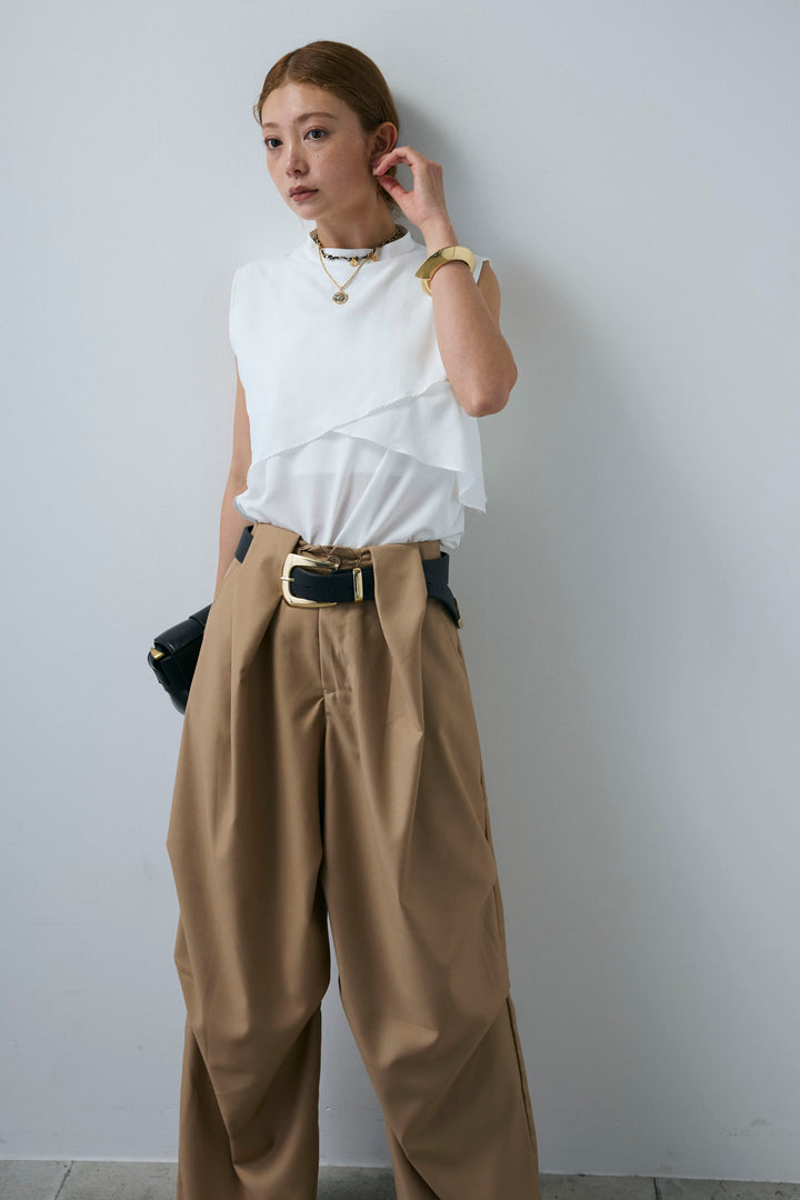 [予約/SET]アシンメトリーフレアーノースリーブブラウス+デザインタックパンツ(2set)