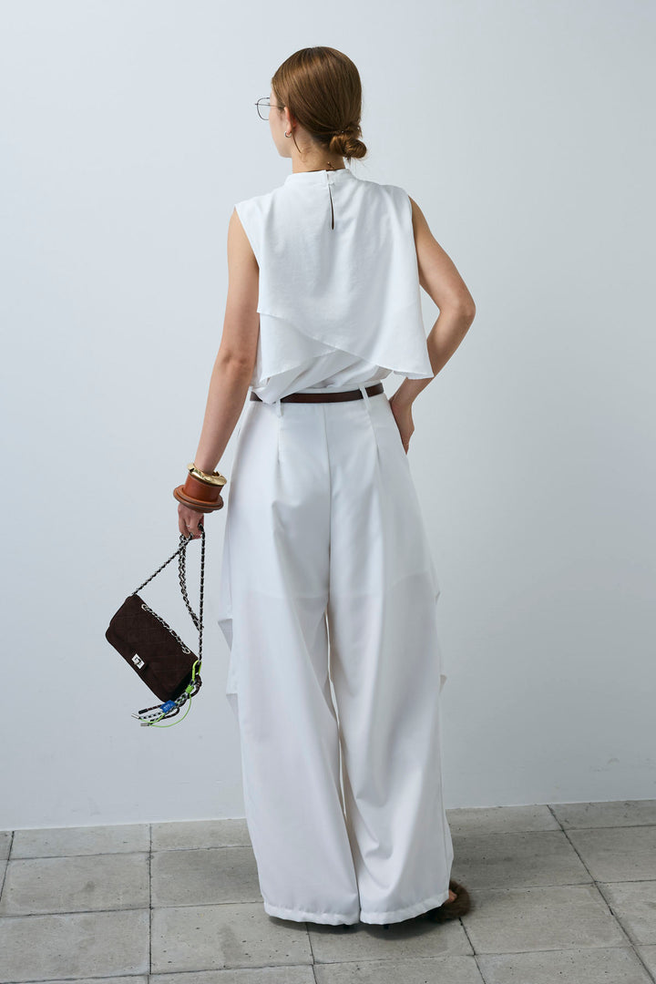 [予約/SET]アシンメトリーフレアーノースリーブブラウス+デザインタックパンツ(2set)