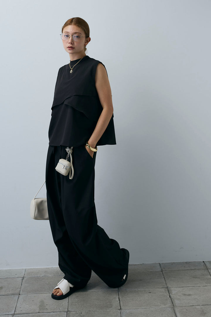 [予約/SET]アシンメトリーフレアーノースリーブブラウス+デザインタックパンツ(2set)