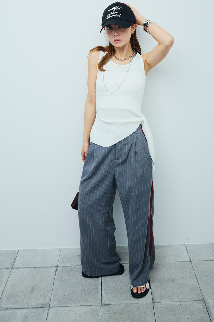 [予約/SET]サイドリボンニットタンク+ピンストライプサイドラインワイドパンツ(2set)