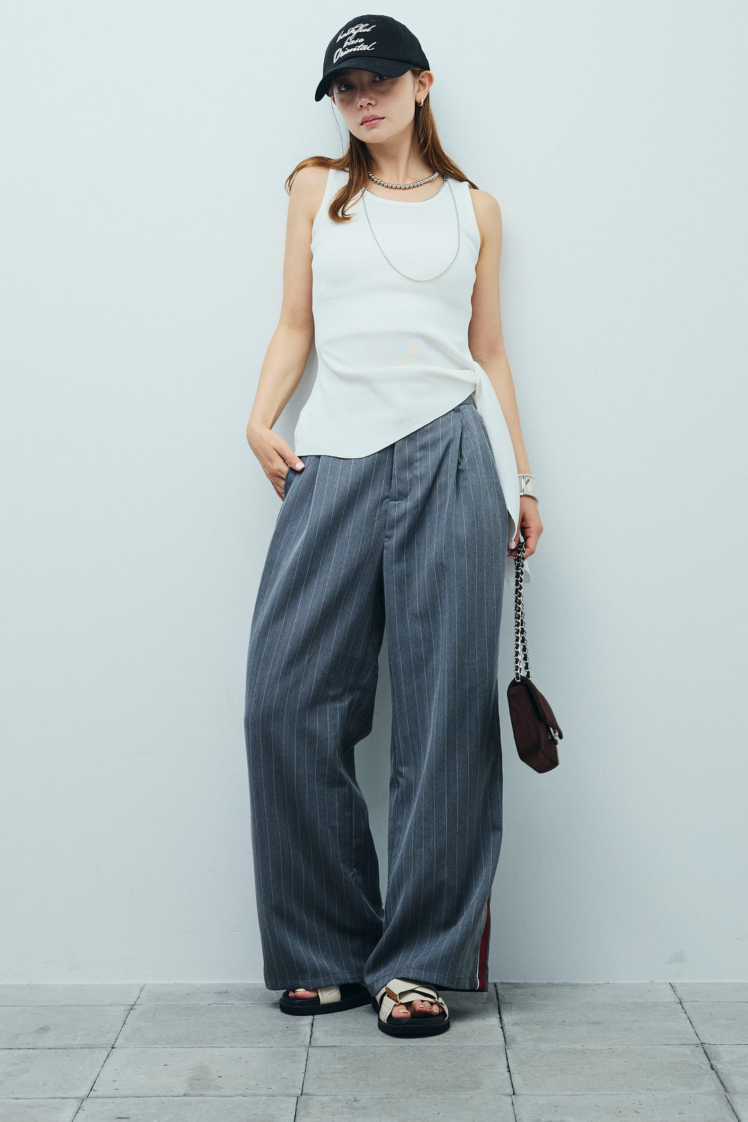 [予約/SET]サイドリボンニットタンク+ピンストライプサイドラインワイドパンツ(2set)